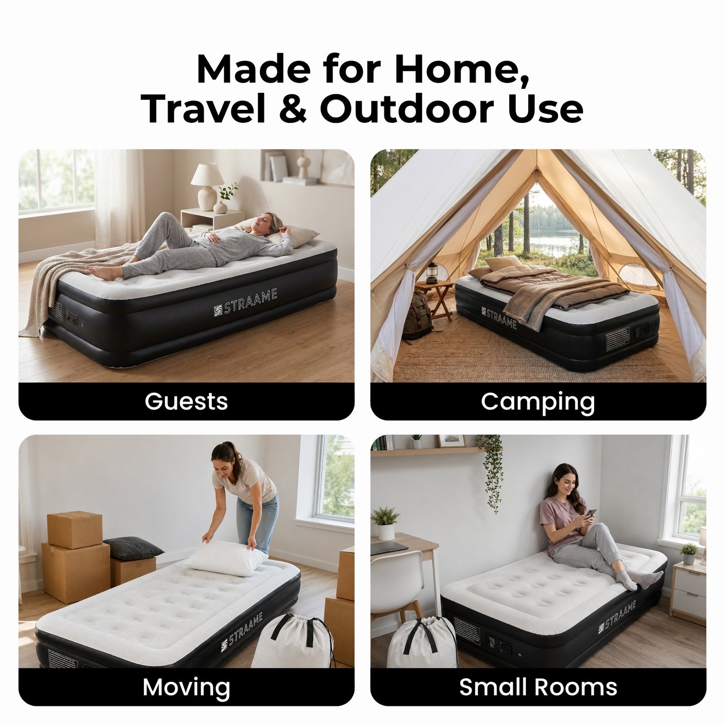 Straame Single XL Air Bed with Built-in Pump, Inflatable Mattress 196 x 97 x 47 cm, Blow Up Guest Bed, Self Inflating Camping Mattress with Carry Bag for Home Travel Sleepovers Guests Home Camping Us