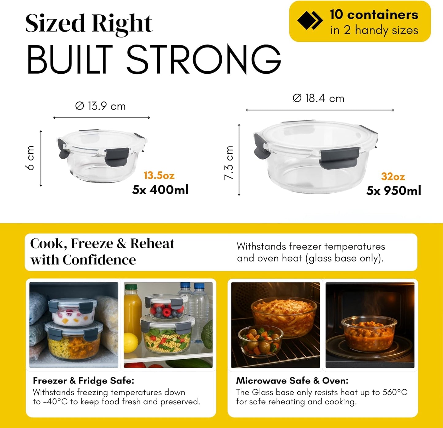 Straame Glass Meal Prep Containers with Airtight Lids – 10-Pack (5×950ml + 5×400ml) – Reusable Glass Food Storage Containers with Lids – Leakproof, Freezer, Ov-en, Microwave & Dishwasher Safe (Round)