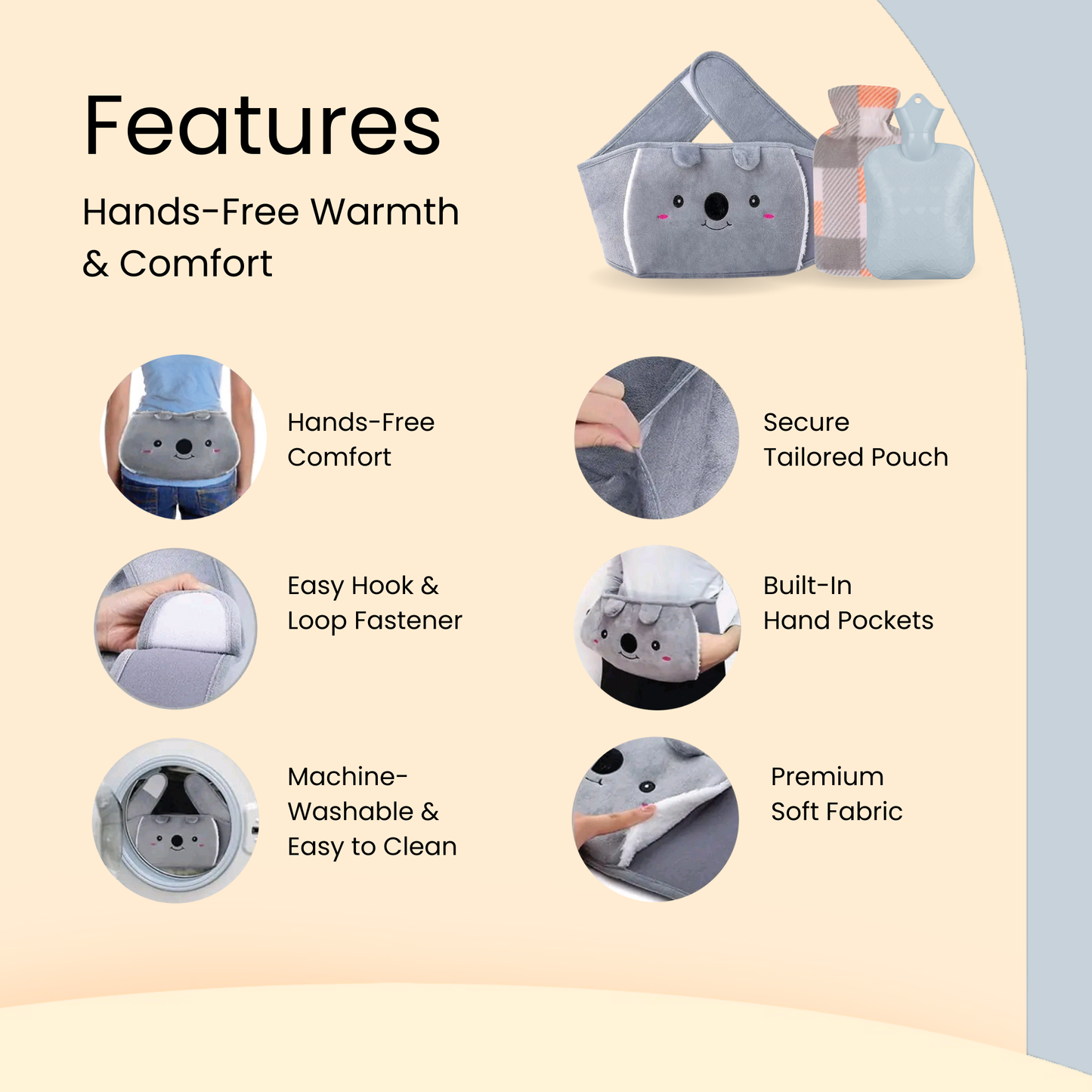 Straame Adjustable Wearable Hot Water Bottle Belt – 1L, 65 inches (165 cm) – Cozy Koala for Period Cramps, Back, Neck & More – Hands-Free Pain Relief – Included Hot Water Bottle, Belt & Cover (Blue)