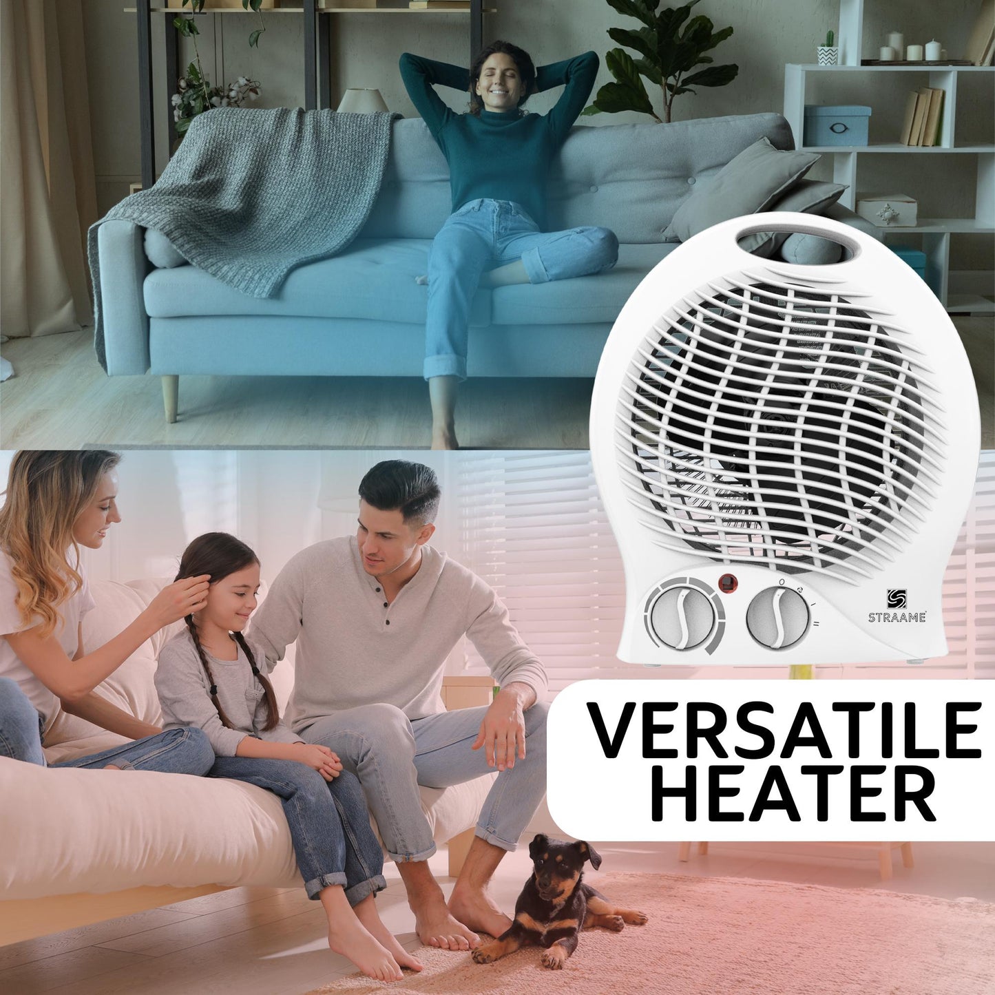 Straame Portable Fan Heater with Variable Thermostat, 2 Heat Settings & Fan Mode Room Electric Heater, Easy to Use, Compact Design with Carry Handle Heater