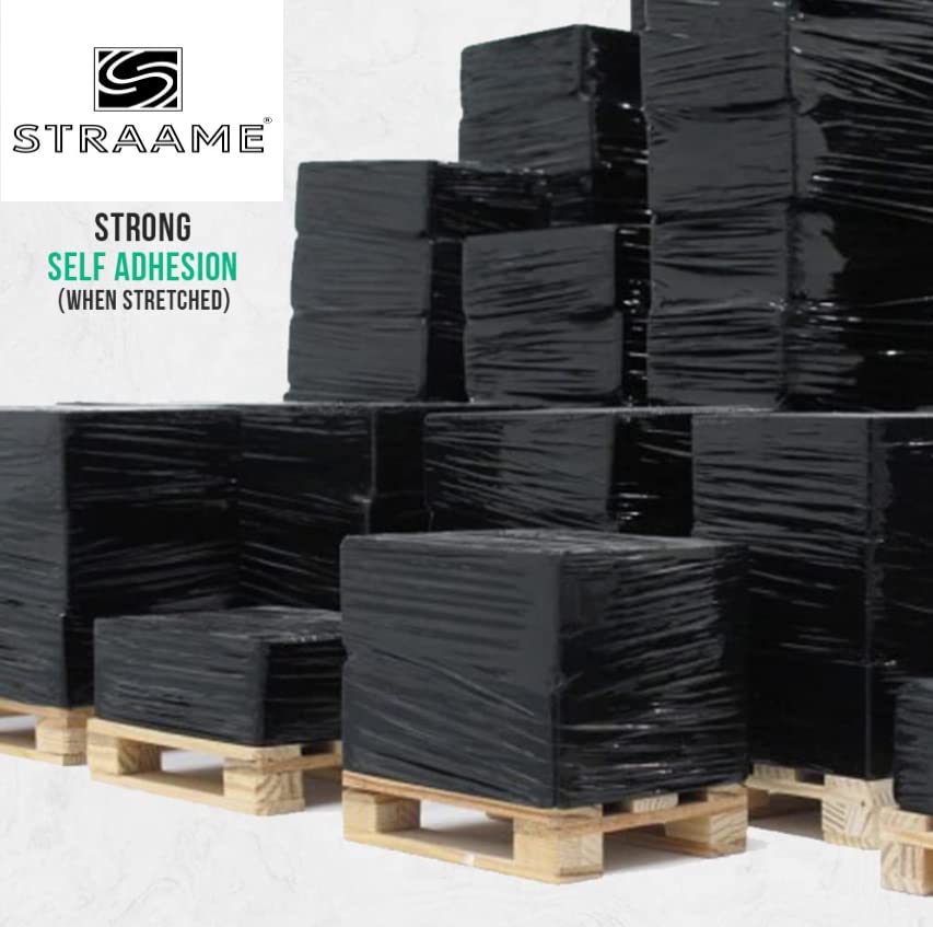 Straame Heavy Duty Strong Pallet Wrap Cling Film Packaging for Industrial, House Moving, Packing, Furniture Wrapping, Storage - Tear Resistant - Water & Moisture Proof 400mm x 250m (Black, 6 Rolls)