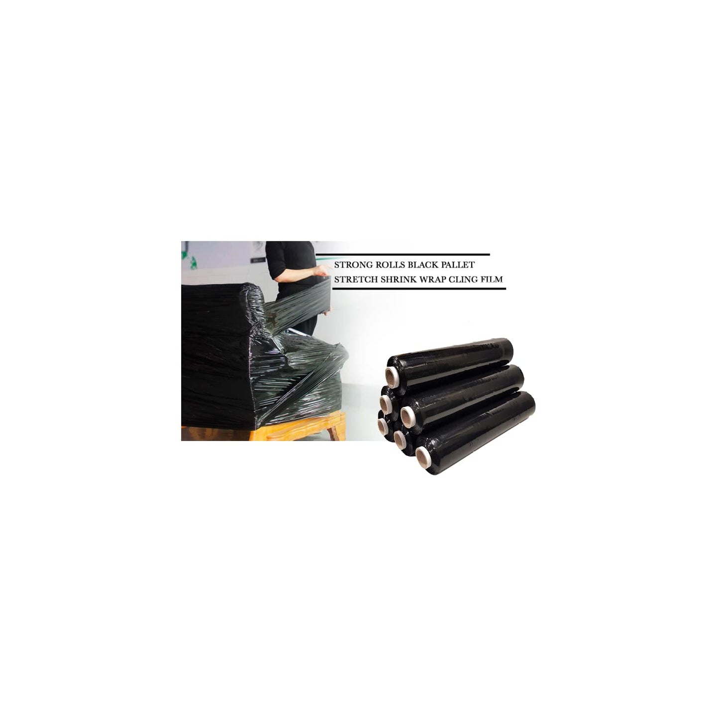 Straame Heavy Duty Strong Pallet Wrap Cling Film Packaging for Industrial, House Moving, Packing, Furniture Wrapping, Storage - Tear Resistant - Water & Moisture Proof 400mm x 250m (Black, 6 Rolls)