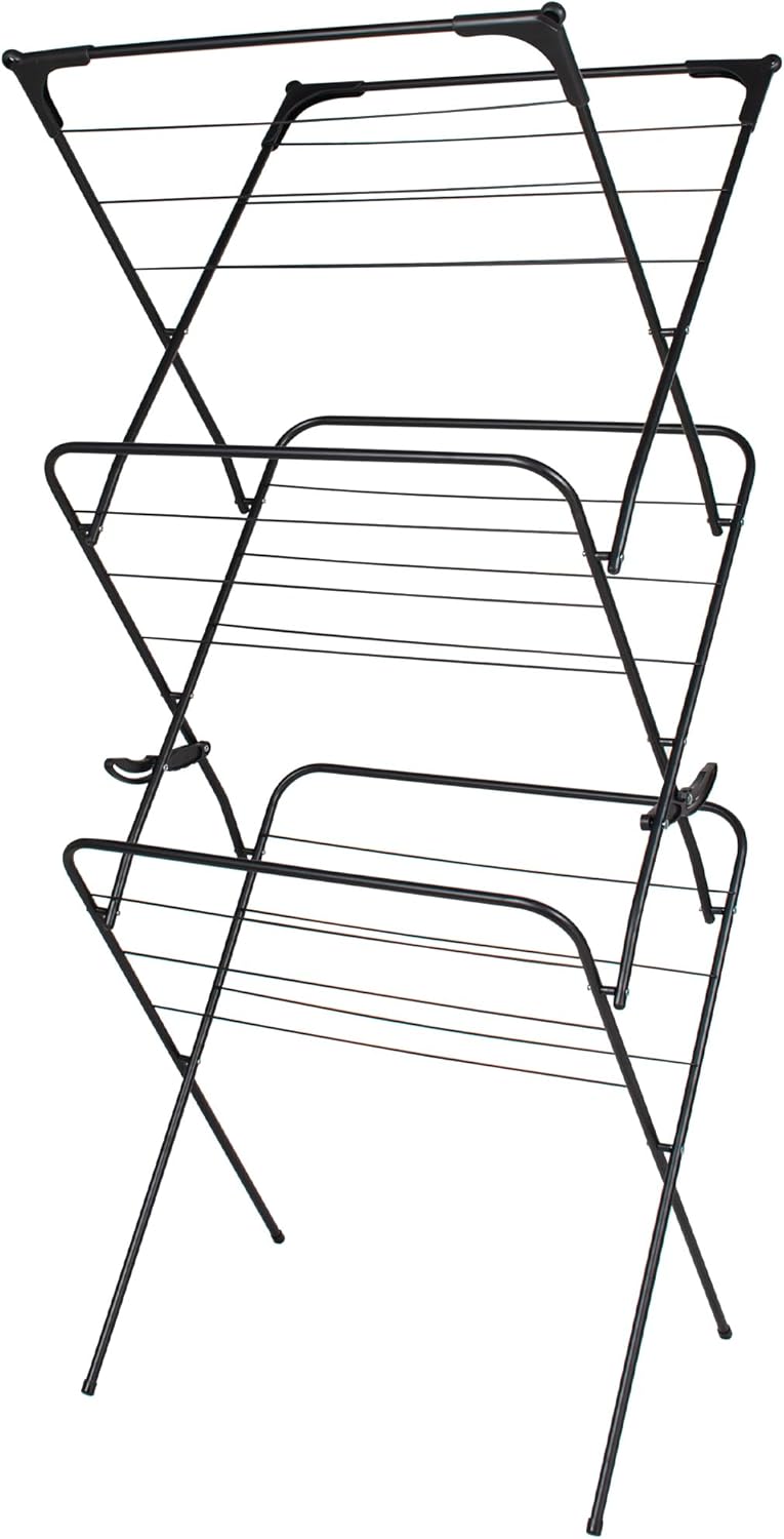 Straame 3 Tier Clothes Airer Drying Indoor and Outdoor Laundry Rack with Non-Slip Feet and Corner Spaces for Hangers, Flat Foldable Space Saving, 63 x 46 138 (Black)