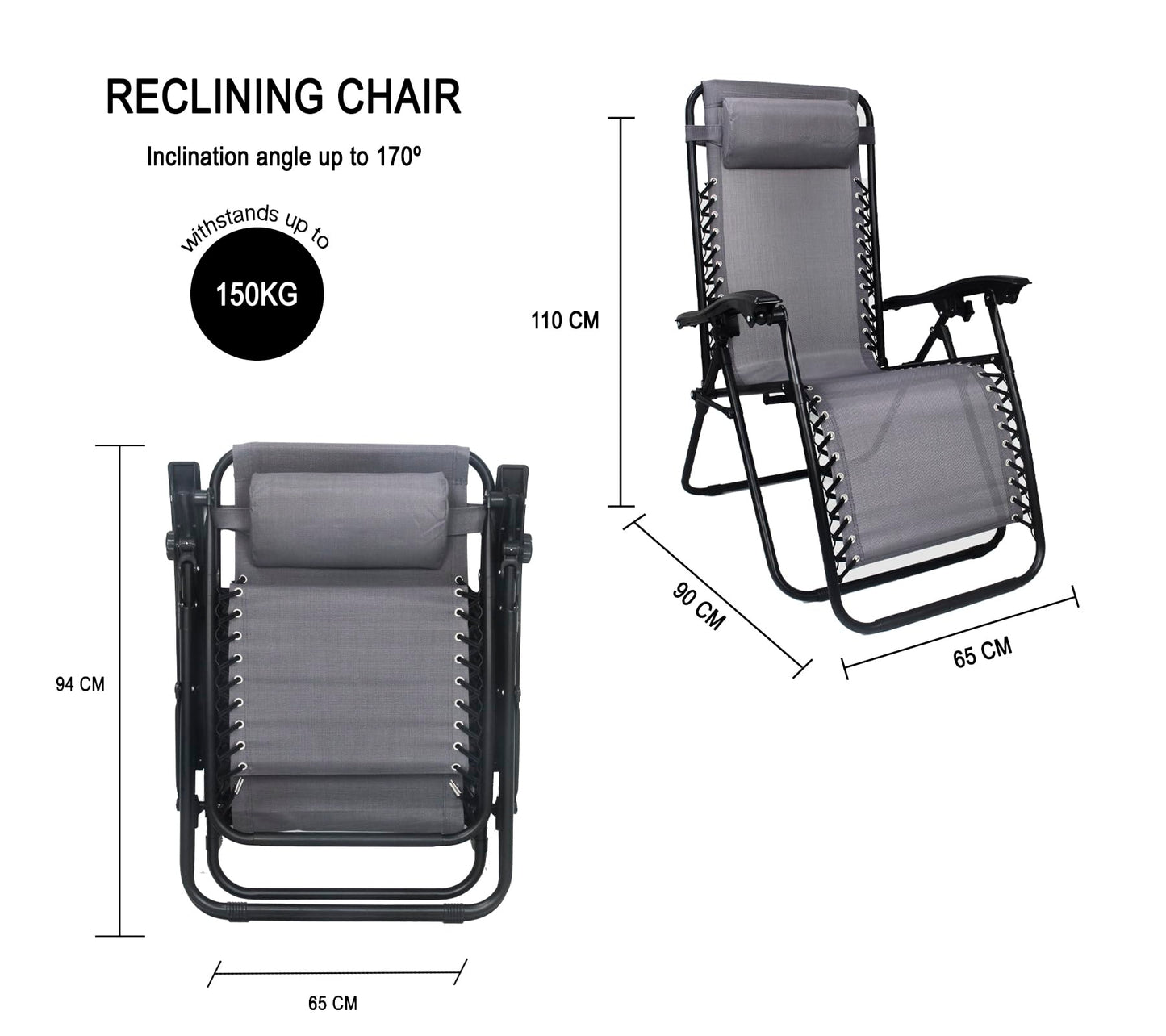 Straame Garden | Zero Gravity Chair | Set of 1 | Heavy Duty Textoline | Outdoor & Garden Sunloungers | Reclining & Folding Chair with Headrest Pillow (Premium, Grey)