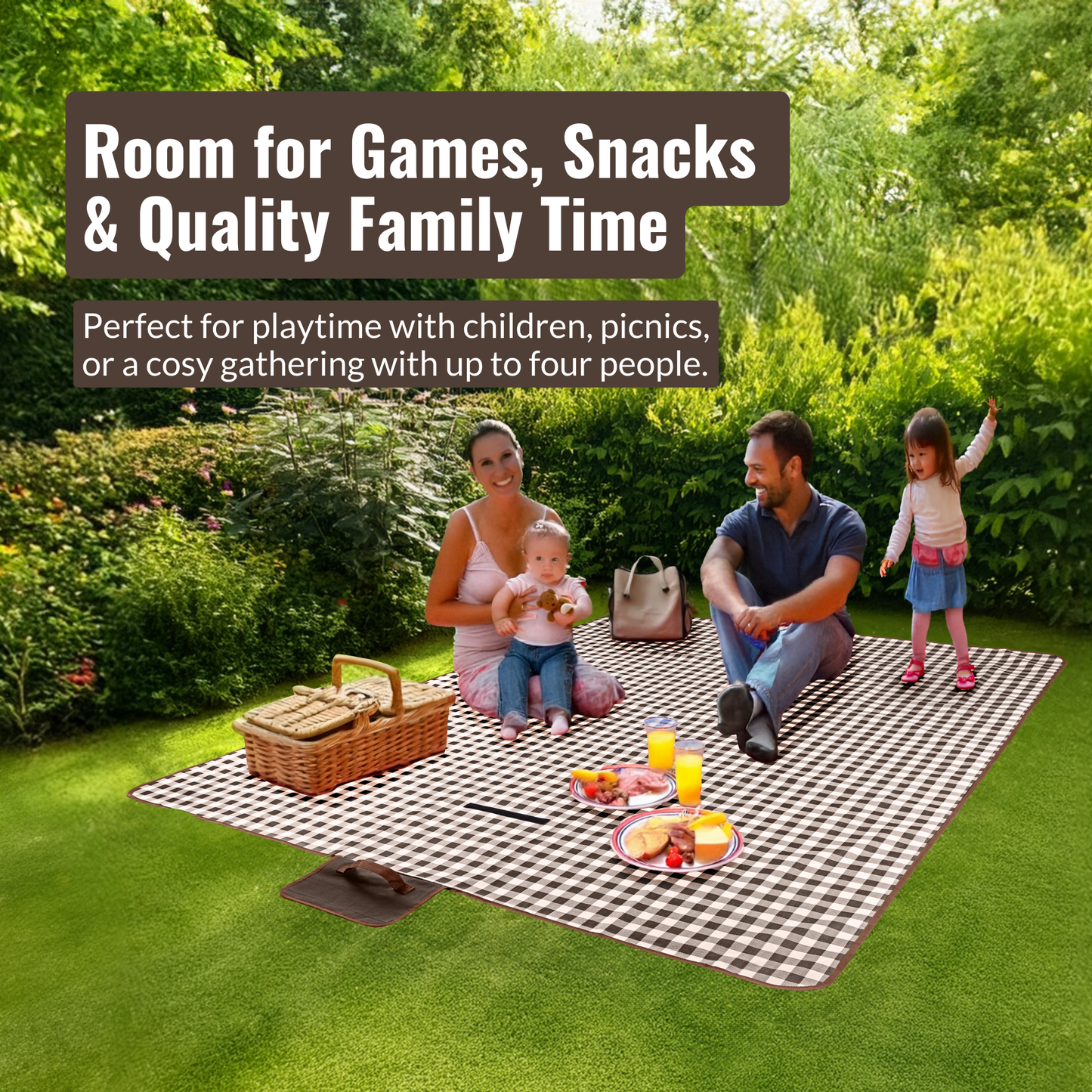 Straame Waterproof Picnic Blanket – Large 200x140cm Foldable Outdoor Blanket with Carry Handle – Ideal for Camping, Beach, Garden & Festivals – Timeless Gingham Design (Brown)