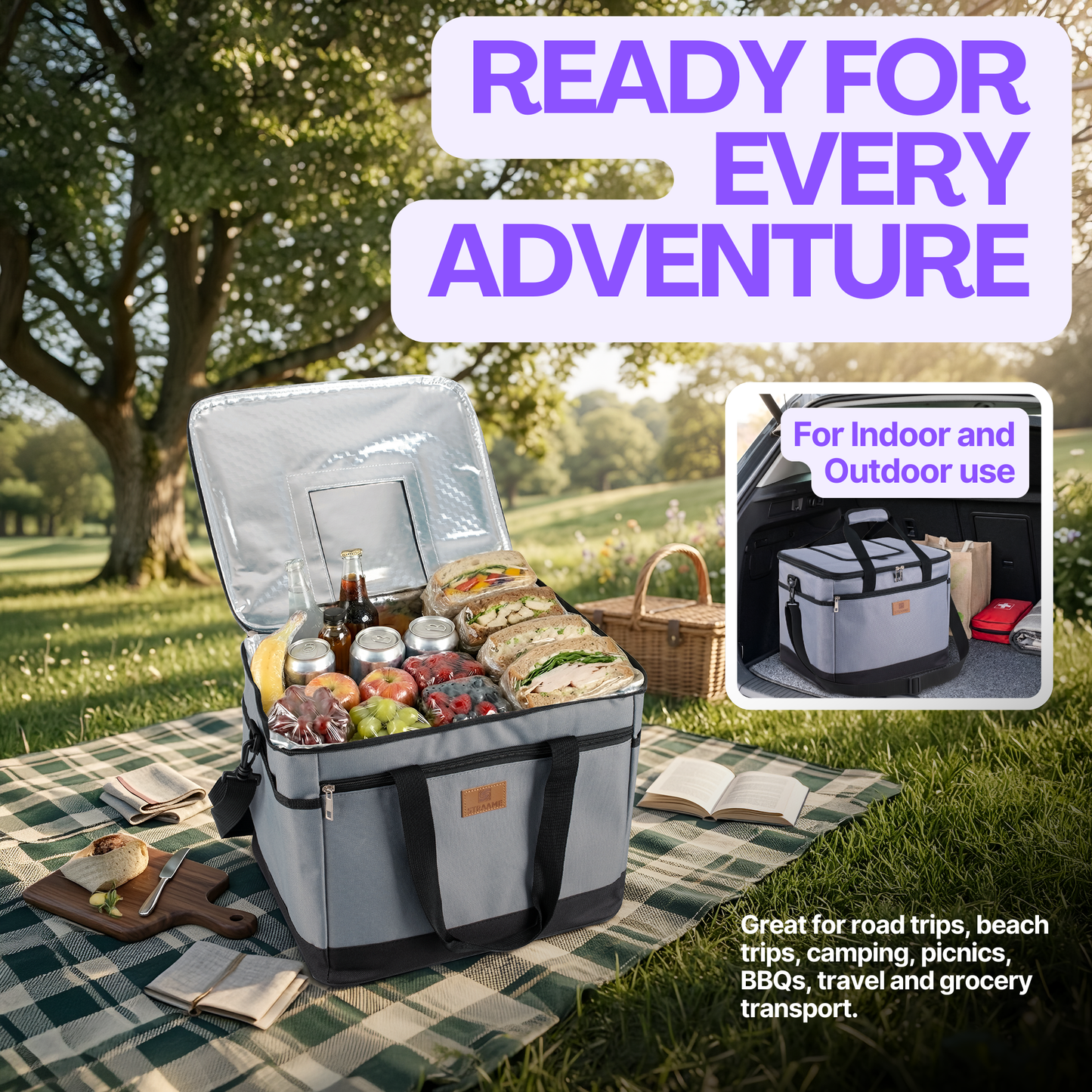Straame 30L Insulated Cooler Bag, Large Lunch Bag Cool Bag for Picnic, Travel & Camping, Leakproof Foldable Cool Box with Shoulder Strap, Quick Access Top, Insulated Lunch Bag, Grey