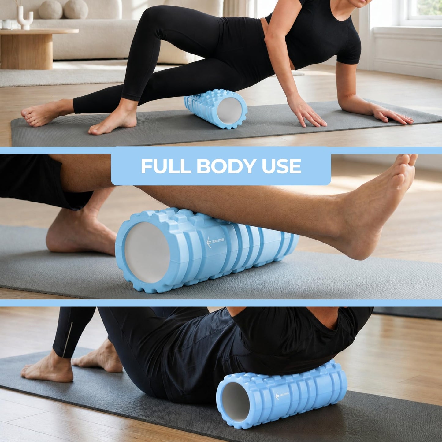 LockieFitness Foam Roller, Deep Tissue Massage Roller with Trigger Point Foam Roller Grid for Back, Legs, Calves & Fascia, Medium Density Pilates Roller, Yoga Roller & Gym Roller (Light Blue)