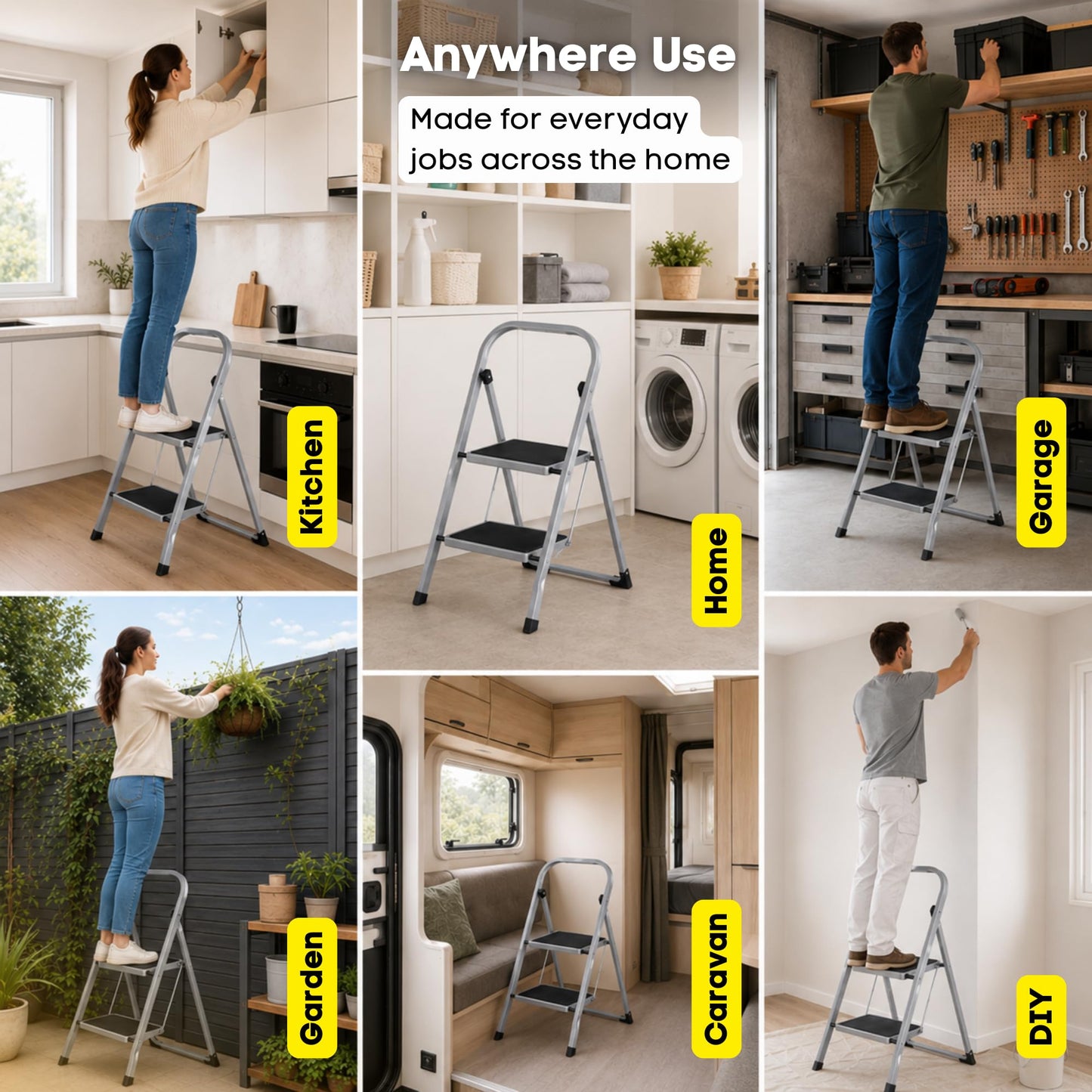 Straame 2 Step Ladder, Slimline Folding Step Ladder with Anti Slip Feet, 150 kg Capacity, Durable Steel Stepladder, Foldable Step Stool for Adults, Home Kitchen Garage Garden Caravan DIY Cleaning