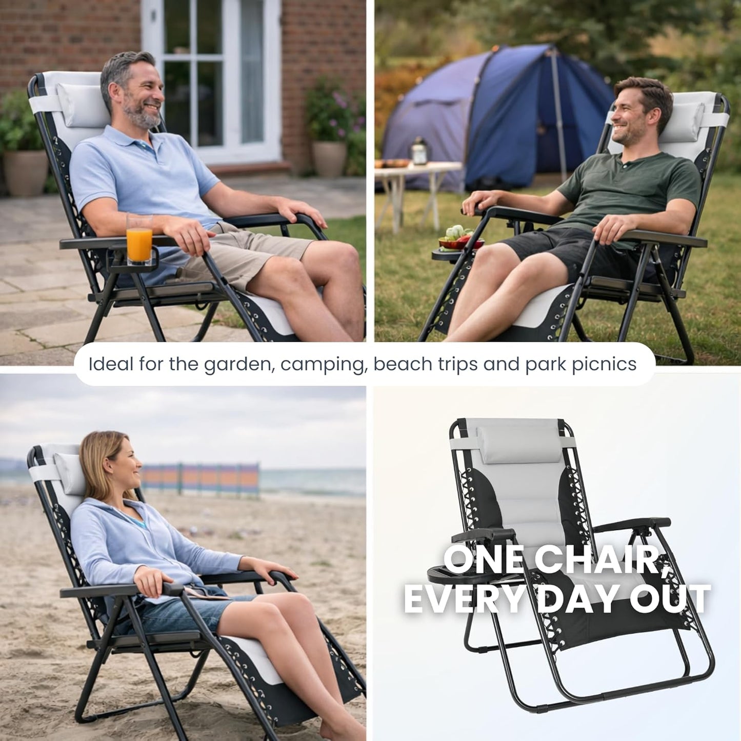 Straame XXL Padded Zero Gravity Chairs Set of 2, Folding Reclining Garden Chairs with Cup Holder Tray, Camping Chair Sun Loungers, Lockable 160° Patio Recliners with Adjustable Headrest (Padded, Grey)