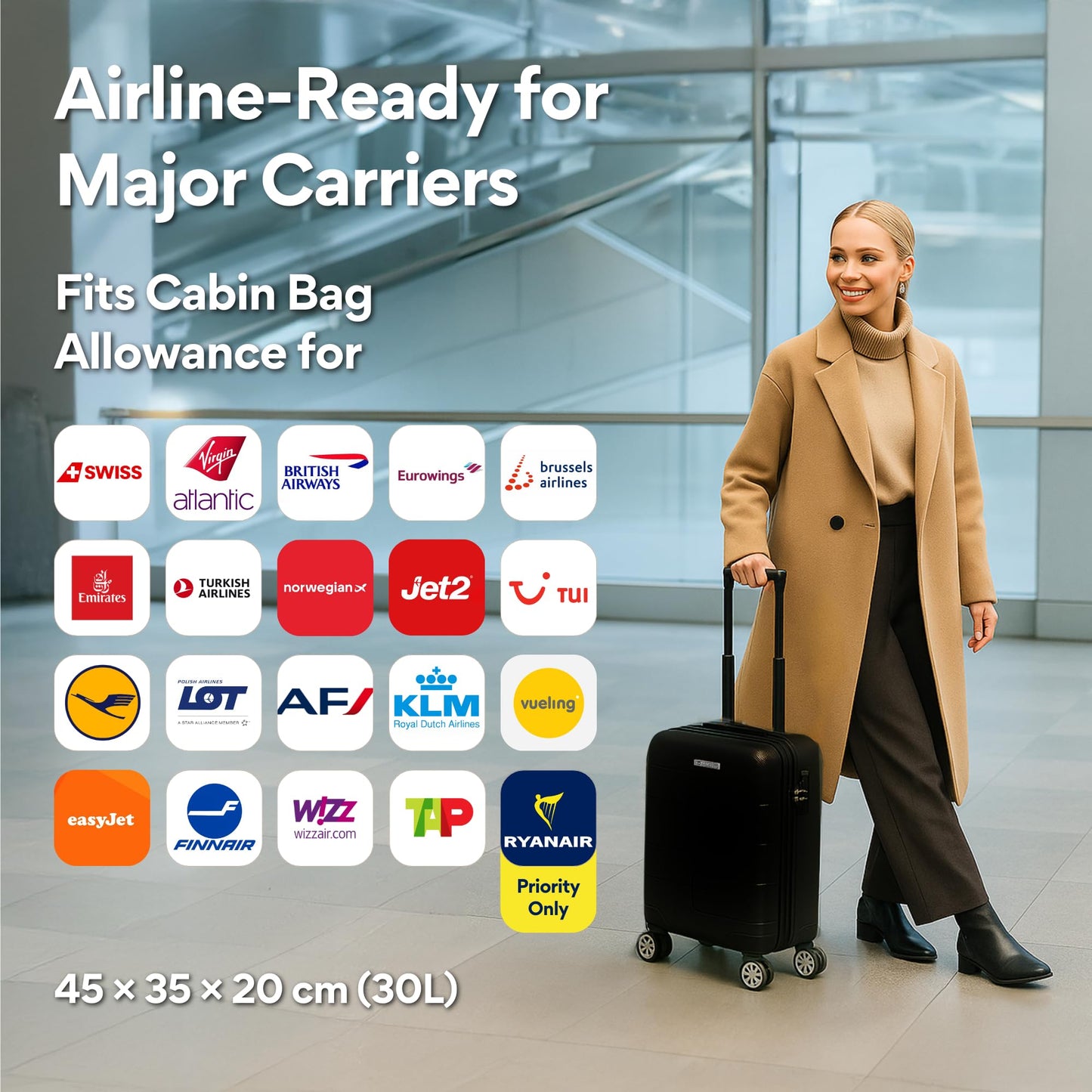 WORLD EXPLORER Cabin Suitcase ABS Hard Shell 360° Spinner Wheels & Com-bination Lock Lightweight 30L Underseat Cabin Luggage and Suitcase EasyJet Per-sonal Item Travel Bag (Dark Grey, 45x35x20 CM)