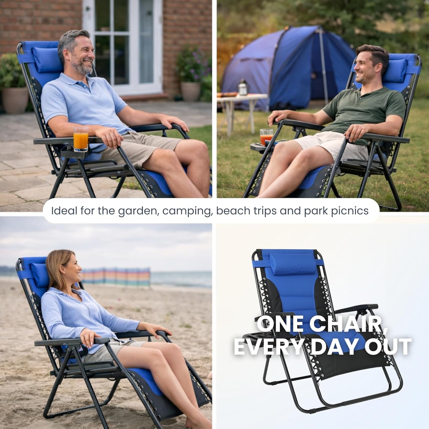 Straame XXL Padded Zero Gravity Chairs Set of 2, Folding Reclining Garden Chairs with Cup Holder Tray, Camping Chair Sun Loungers, Lockable 160° Patio Recliners with Adjustable Headrest (Padded, Navy)