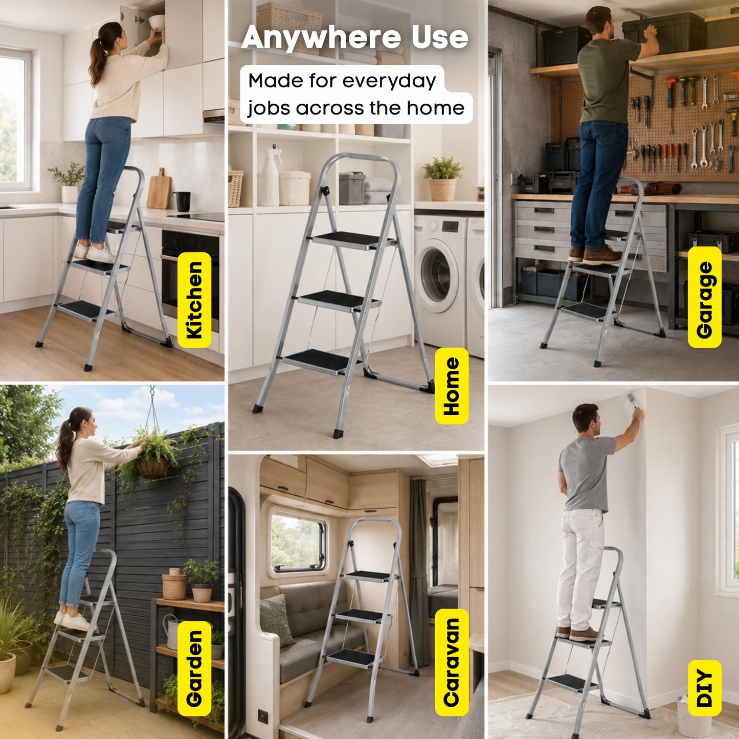 Straame 3 Step Ladder, Slimline Folding Step Ladder with Anti Slip Feet, 150 kg Capacity, Durable Steel Stepladder, Foldable Step Stool for Adults, Home Kitchen Garage Garden Caravan DIY Cleaning
