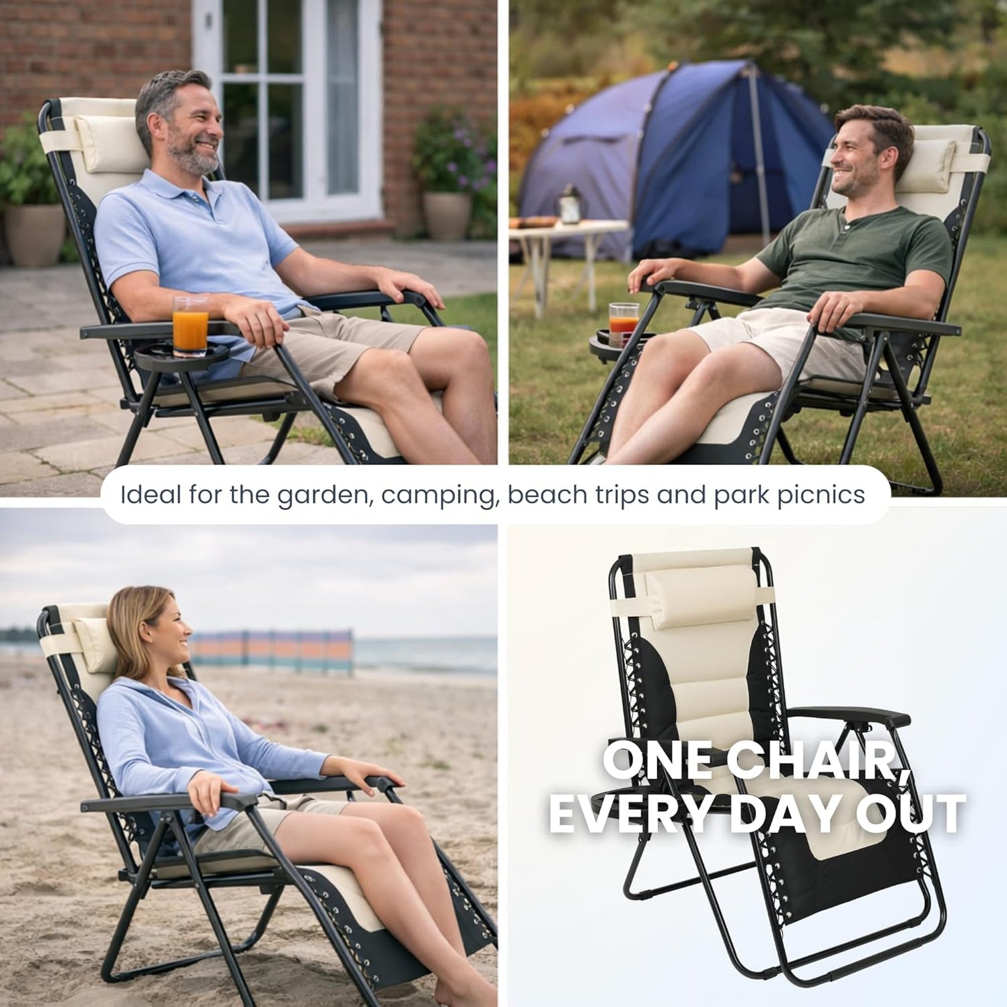 Straame XXL Padded Zero Gravity Chairs Set of 2, Folding Reclining Garden Chairs with Cup Holder Tray, Camping Chair Sun Loungers, Lockable 160° Patio Recliners with Adjustable Headrest(Padded, Cream)