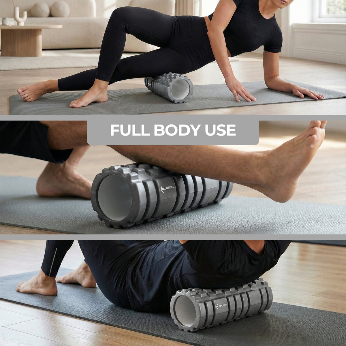 LockieFitness Foam Roller, Deep Tissue Massage Roller with Trigger Point Foam Roller Grid for Back, Legs, Calves & Fascia, Medium Density Pilates Roller, Yoga Roller & Gym Roller (Grey)