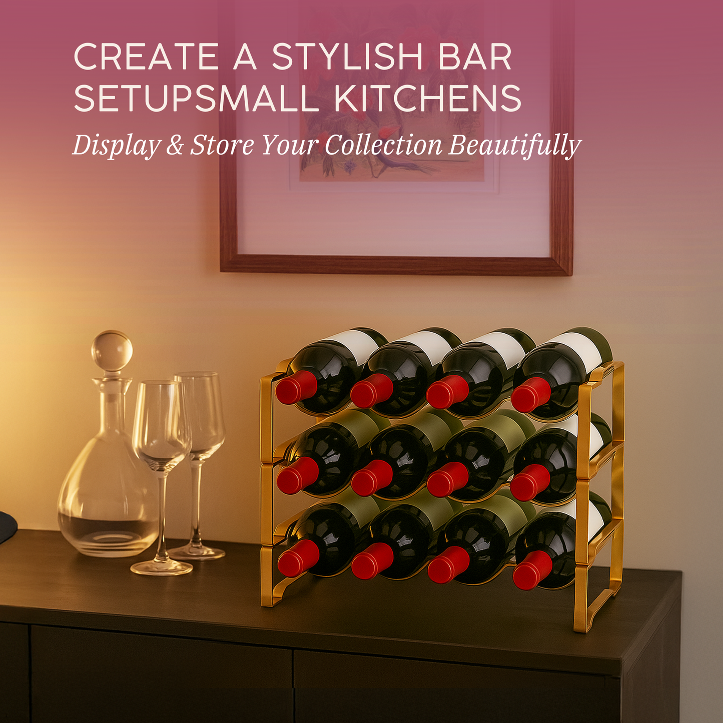 Straame 3 Tier Metal Wine Rack – Stackable Bottle Rack for Wine Storage – Wine Racks Free Standing Organiser for Countertop, Shelf or Cupboard – Modular Wire Rack Holder – Modern Design (Gold)