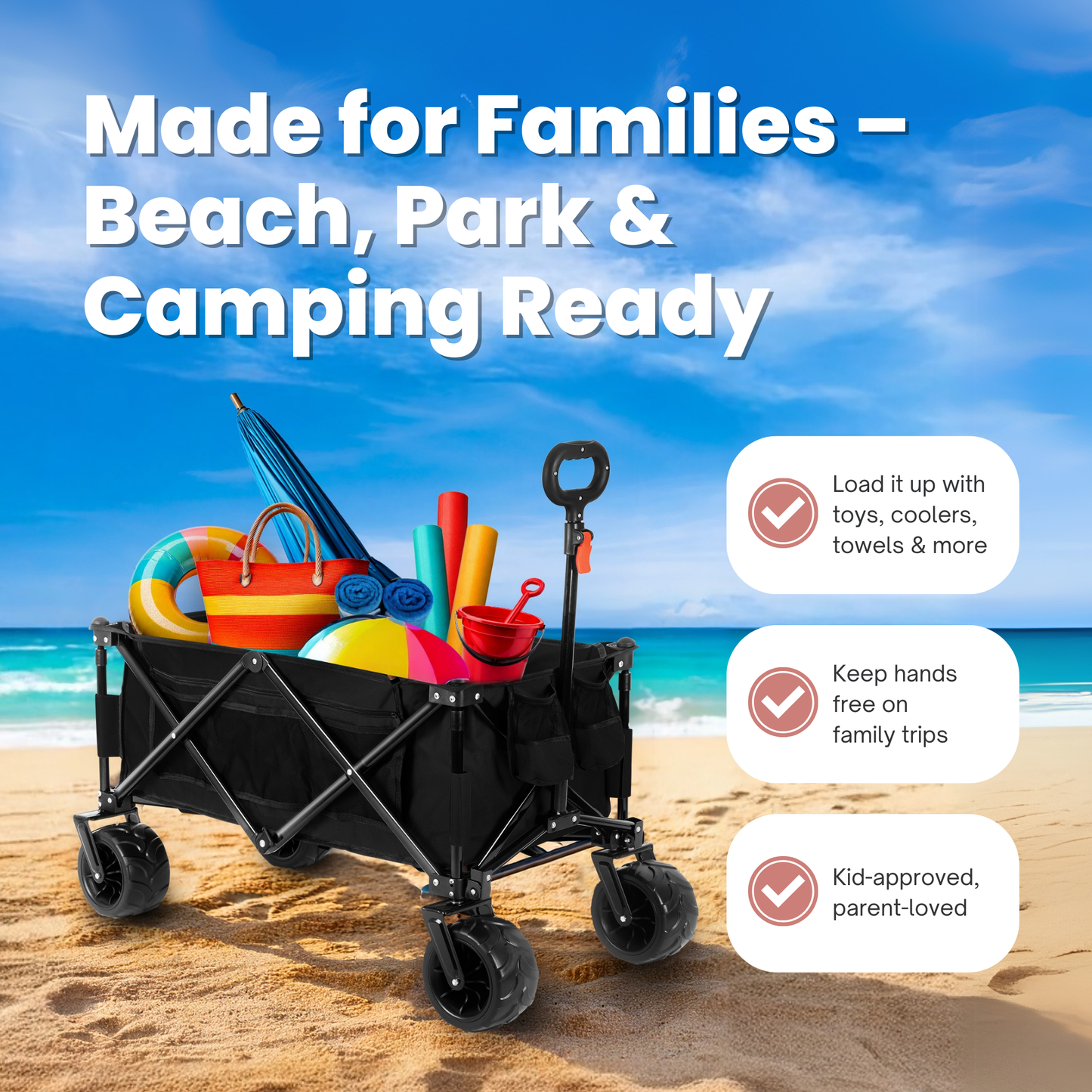 Straame Foldable Trolley Cart – 135L, 100kg Capacity Pull-Along Camping Wagon for Beach, Garden & Festivals – All-Terrain Festival Trolley with Adjustable Handle & 360° Swivel Wheels (Black)