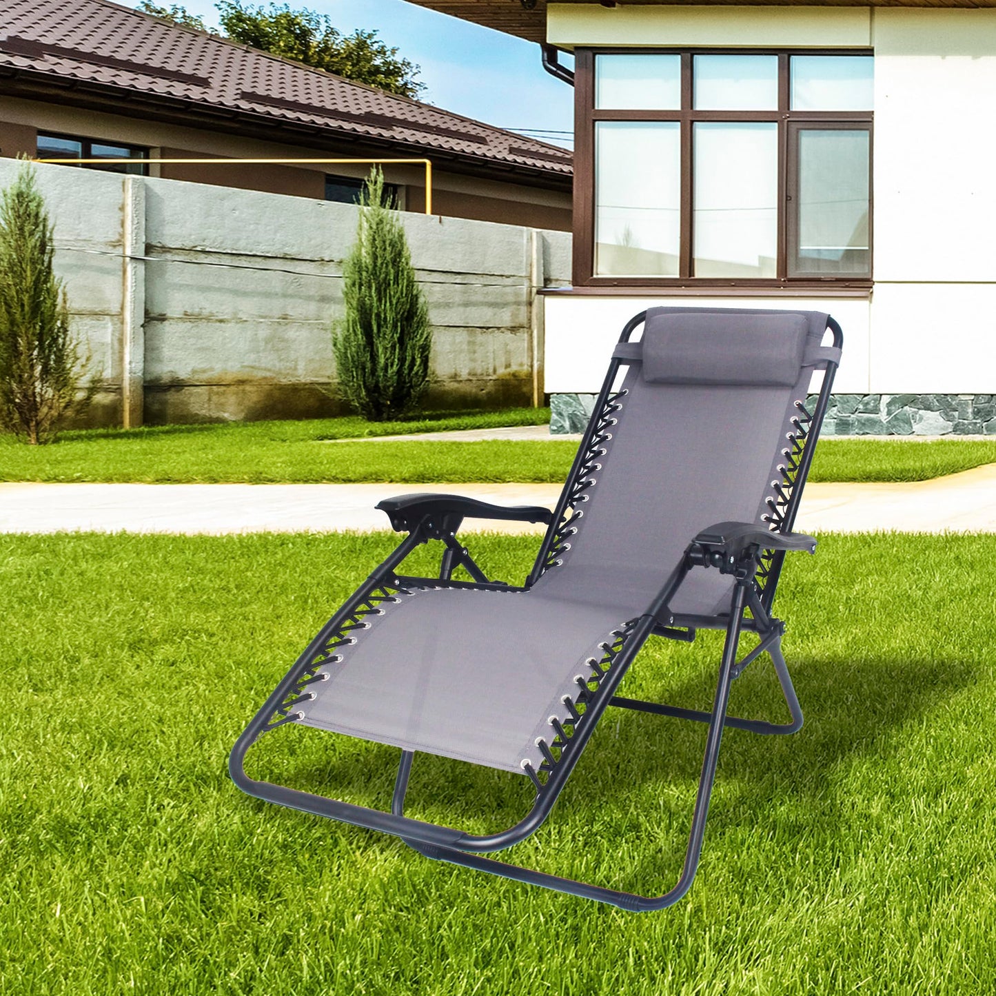 Straame Garden | Zero Gravity Chair | Set of 1 | Heavy Duty Textoline | Outdoor & Garden Sunloungers | Reclining & Folding Chair with Headrest Pillow (Premium, Grey)