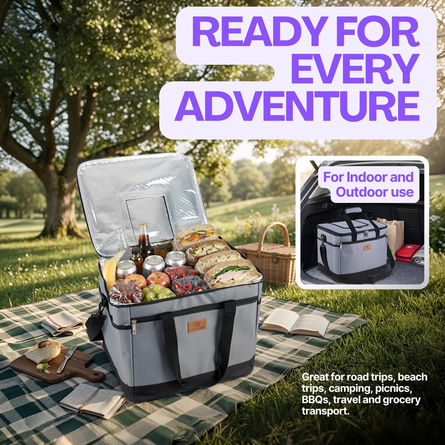 Straame 30L Insulated Cooler Bag, Large Lunch Bag Cool Bag for Picnic, Travel & Camping, Leakproof Foldable Cool Box with Shoulder Strap, Quick Access Top, Insulated Lunch Bag, Grey