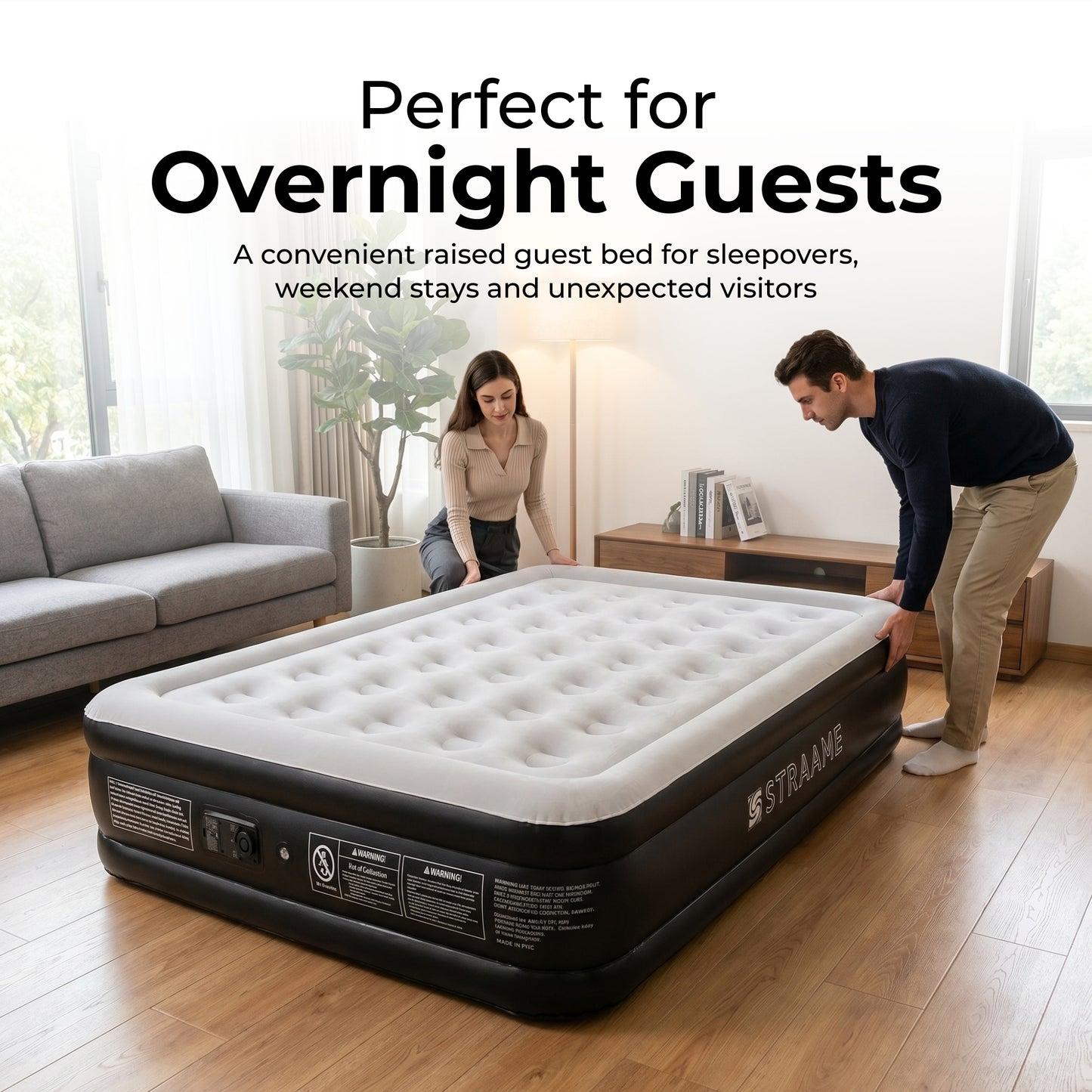 Straame Double Airbed with Built-in Pump, Inflatable Mattress 196 x 145 x 47 cm, Blow Up Mattress Guest Bed, Self Inflating Camping Mattress with Carry Bag for Home Travel Sleepovers Guests Use Indoor