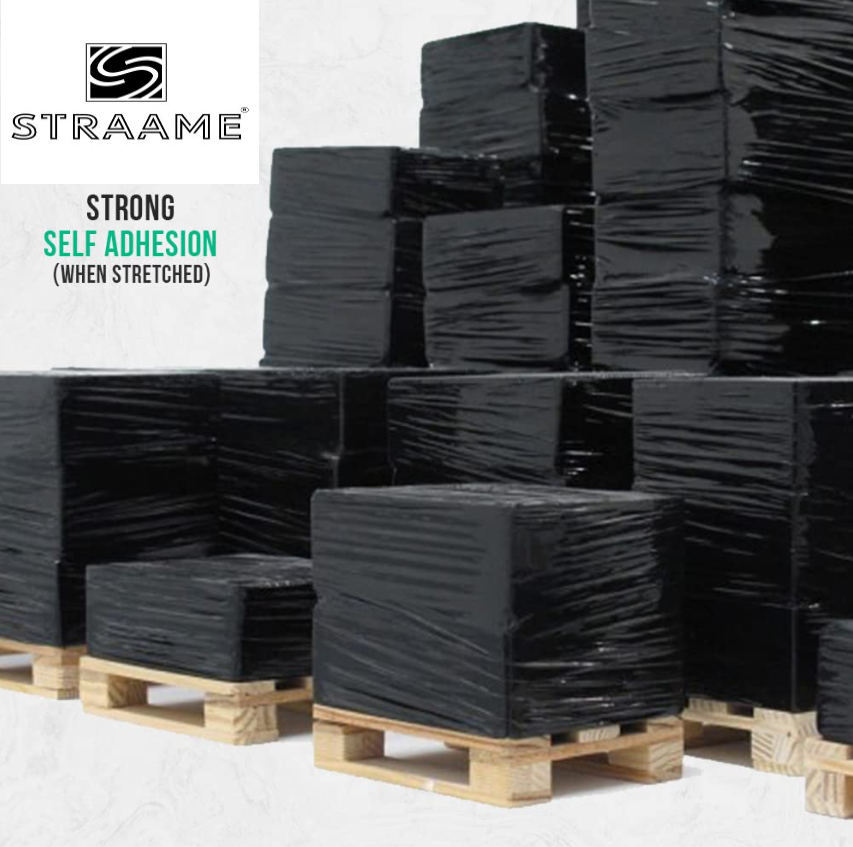 Straame Heavy Duty Strong Pallet Wrap Cling Film Packaging for Industrial, House Moving, Packing, Furniture Wrapping, Storage - Tear Resistant - Water & Moisture Proof 400mm x 250m (Black, 4 Rolls)