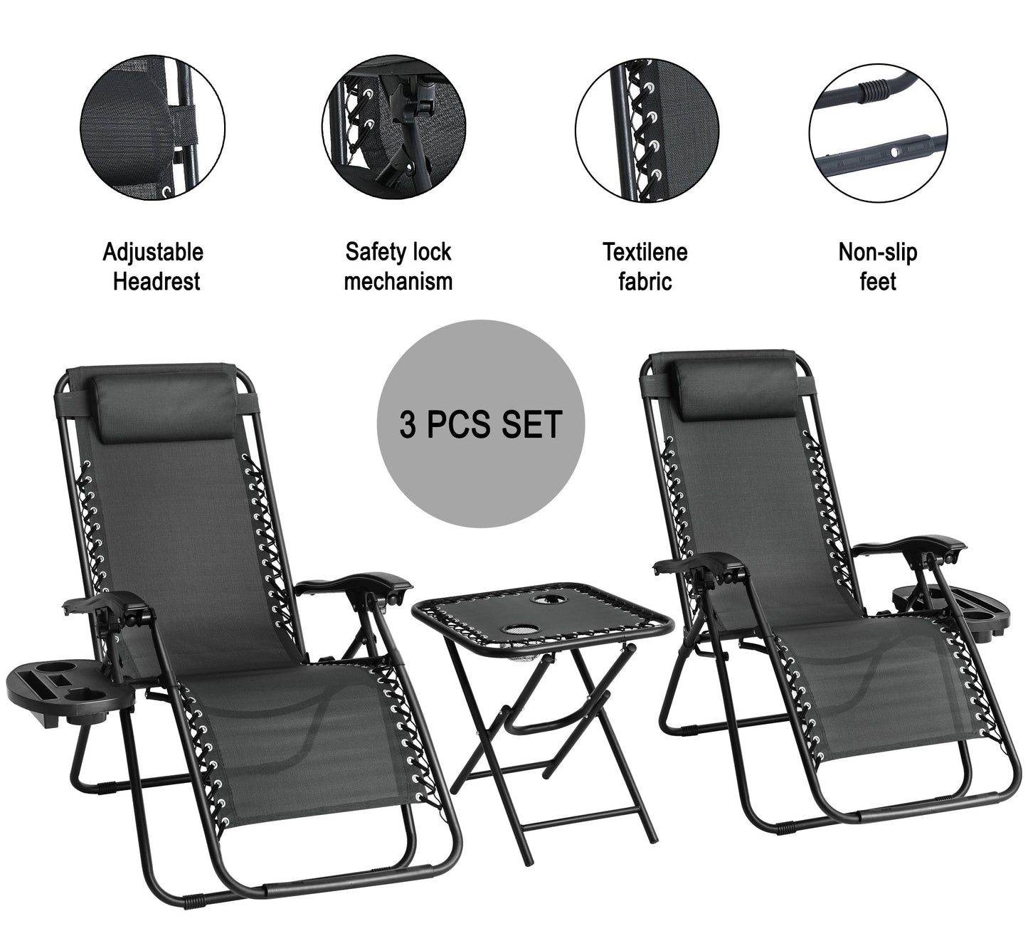 Straame 3PC Reclining Lounger Set, Set of 2 Zero Gravity Chairs with Table | Heavy Duty Textoline