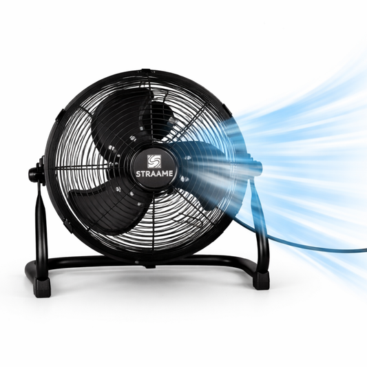 Straame Floor Fan – Quiet Portable Steel Floor Fan with 3 Speeds, High Velocity & Ad-justable Head for Bedroom, Home & Gym – 1.8m Cable (12 Inch)
