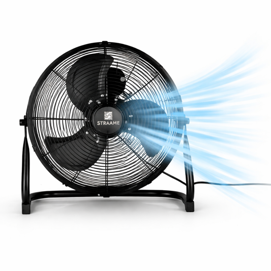 Straame Floor Fan – Quiet Portable Steel Floor Fan with 3 Speeds, High Velocity & Adjustable Head for Bedroom, Home & Gym – 1.8m Cable (16 Inch)