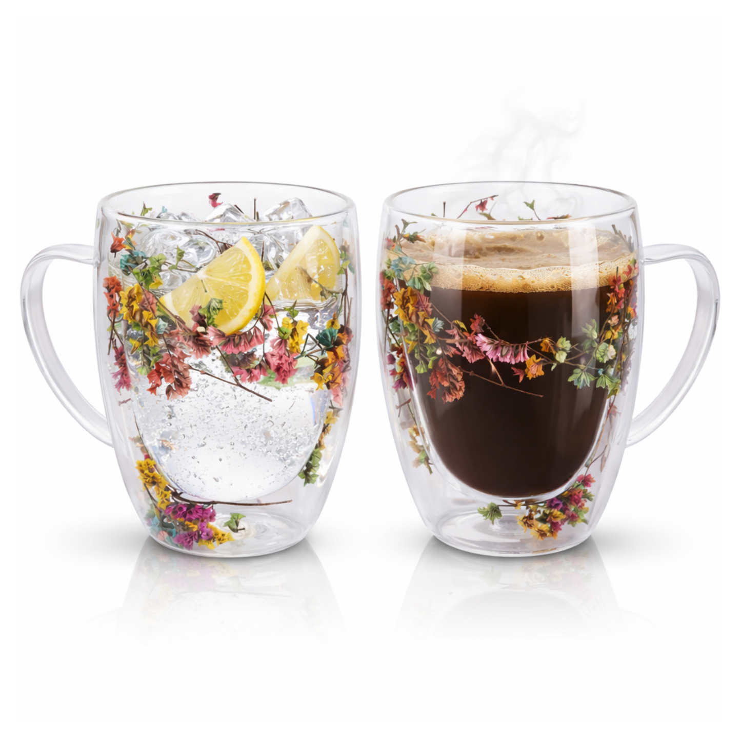 Straame Dried Flower Glass Coffee Mugs Pack of 2, 350 ml Floral Double Walled Glass Mugs with Handle, Double Wall Glass Tea Cups, Insulated Flower Mug, Double Walled Coffee Mug for Hot & Cold Drinks
