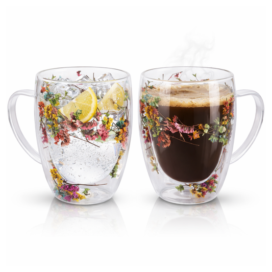 Straame Dried Flower Glass Coffee Mugs Pack of 2, 350 ml Floral Double Walled Glass Mugs with Handle, Double Wall Glass Tea Cups, Insulated Flower Mug, Double Walled Coffee Mug for Hot & Cold Drinks
