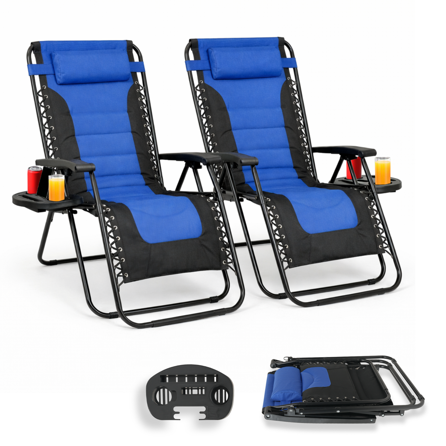 Straame XXL Padded Zero Gravity Chairs Set of 2, Folding Reclining Garden Chairs with Cup Holder Tray, Camping Chair Sun Loungers, Lockable 160° Patio Recliners with Adjustable Headrest (Padded, Navy)