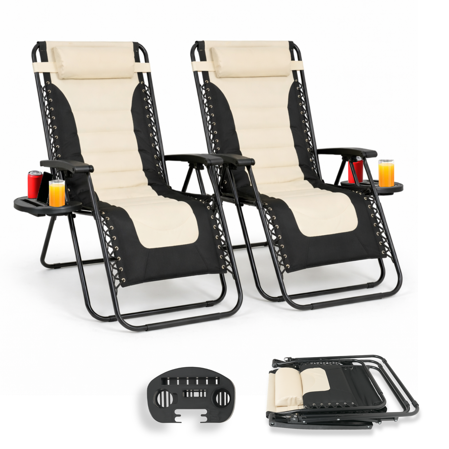 Straame XXL Padded Zero Gravity Chairs Set of 2, Folding Reclining Garden Chairs with Cup Holder Tray, Camping Chair Sun Loungers, Lockable 160° Patio Recliners with Adjustable Headrest(Padded, Cream)