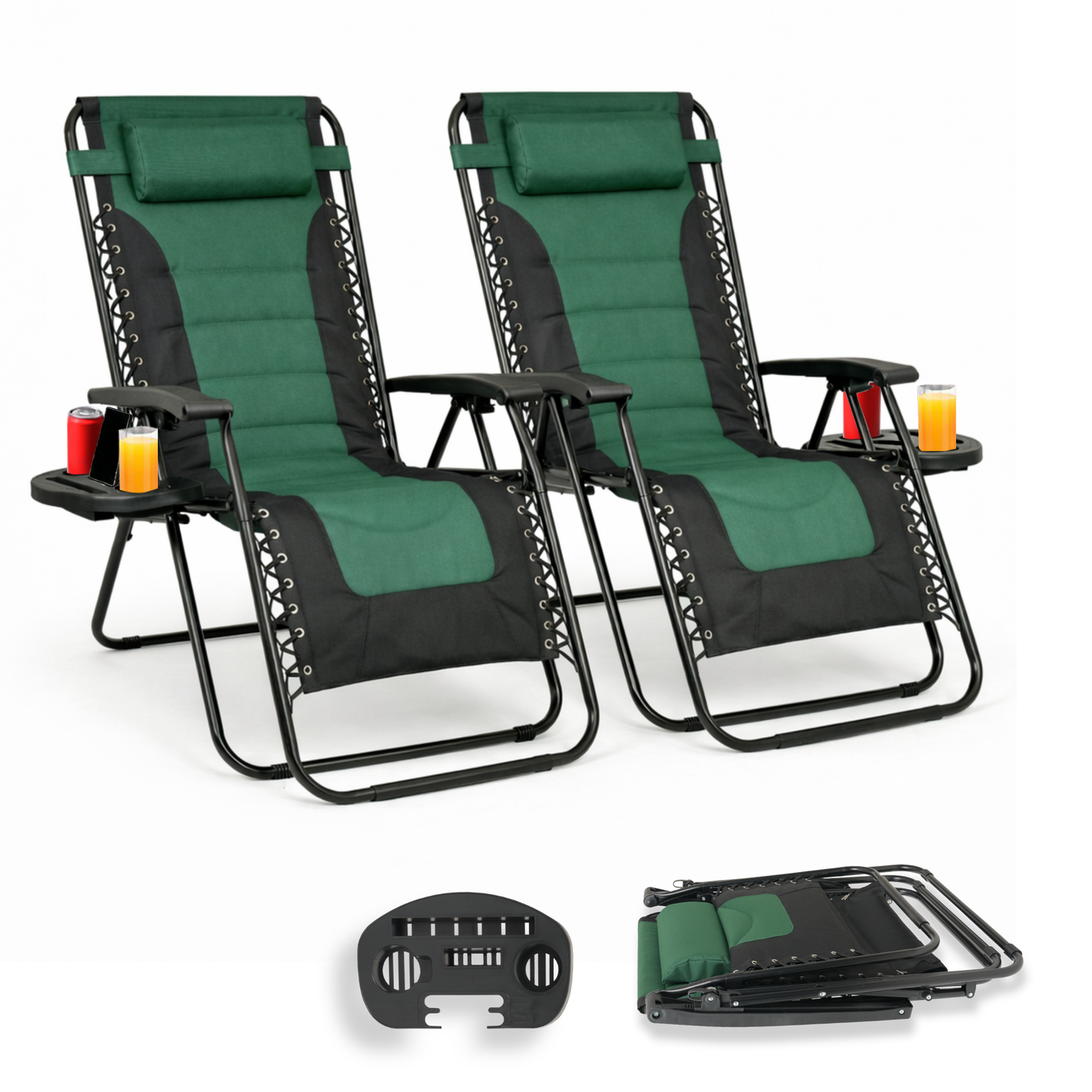Straame XXL Padded Zero Gravity Chairs Set of 2, Folding Reclining Garden Chairs with Cup Holder Tray, Camping Chair Sun Loungers, Lockable 160° Patio Recliners with Adjustable Headrest (Padded, Green)