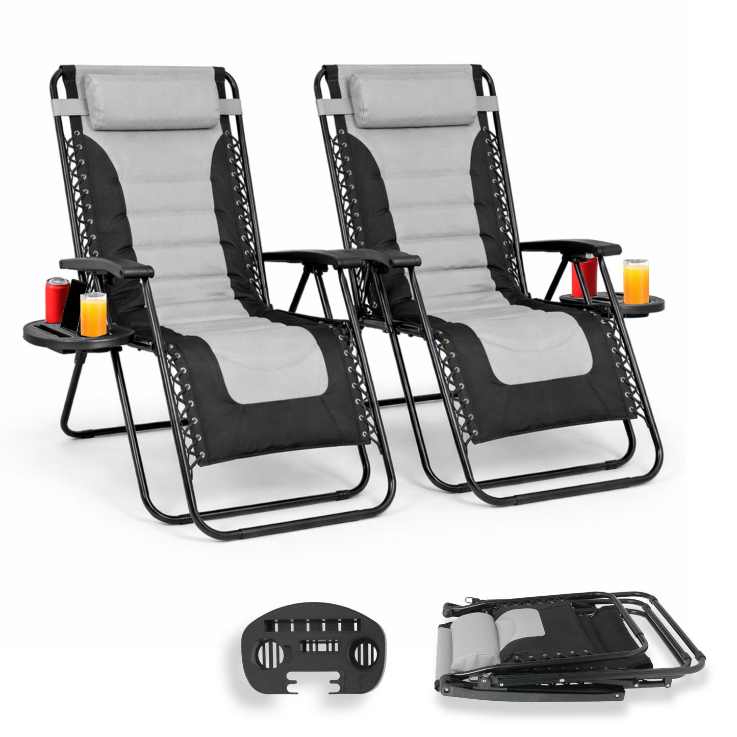 Straame XXL Padded Zero Gravity Chairs Set of 2, Folding Reclining Garden Chairs with Cup Holder Tray, Camping Chair Sun Loungers, Lockable 160° Patio Recliners with Adjustable Headrest (Padded, Grey)
