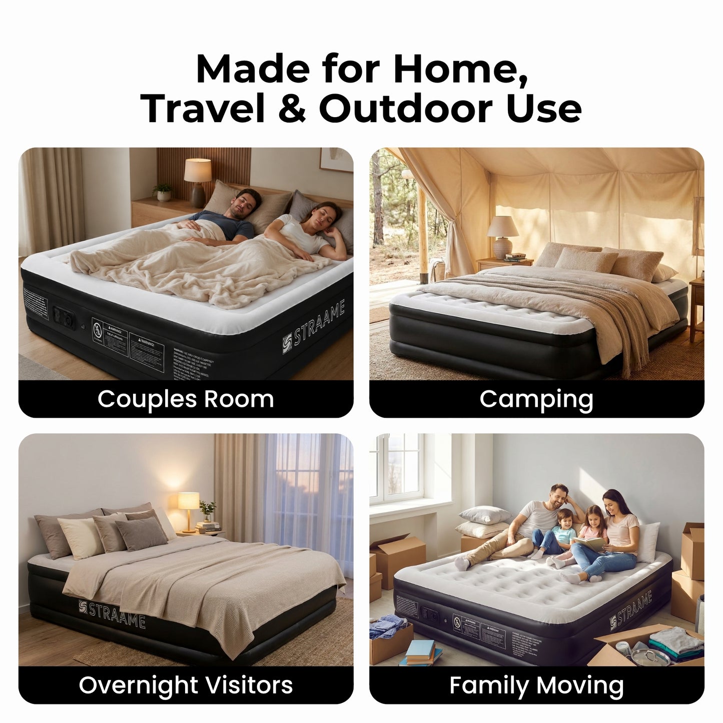 Straame King Size Airbed with Built-in Pump, Inflatable Mattress 203 x 157 x 47 cm, Blow Up Mattress Guest Bed, Self Inflating Camping Mattress with Carry Bag for Home Travel Sleepovers Guests Indoo