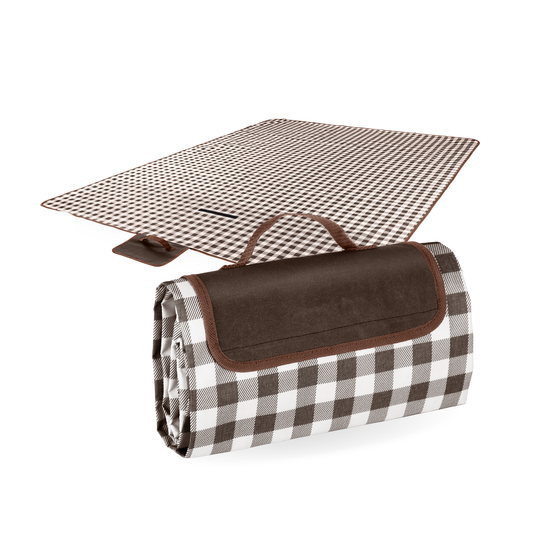 Straame Waterproof Picnic Blanket – Large 200x140cm Foldable Outdoor Blanket with Carry Handle – Ideal for Camping, Beach, Garden & Festivals – Timeless Gingham Design (Brown)