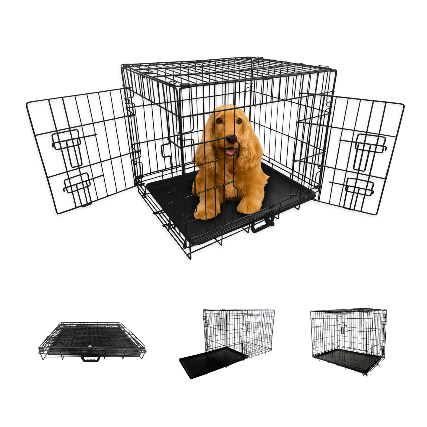 Straame Heavy-Duty Folding Dog Crate for Medium Dogs, 78 × 46 × 53 cm (30″) Black Metal Cage with Front & Side Doors, Chew-Resistant, Removable Easy-Clean Plastic Tray & Carry Handle
