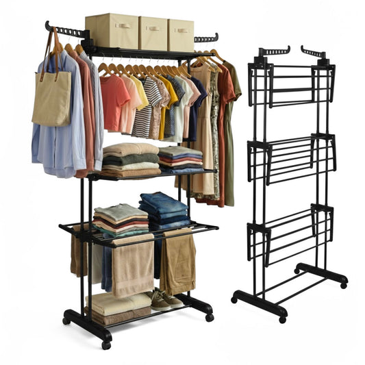 Straame 4-Tier Winged Clothes Airer – Foldable Clothes Drying Rack with Wheels for Indoor/Outdoor Use, Heavy-Duty Laundry Airer, Dryer rack, 76×50×178 cm (Black)