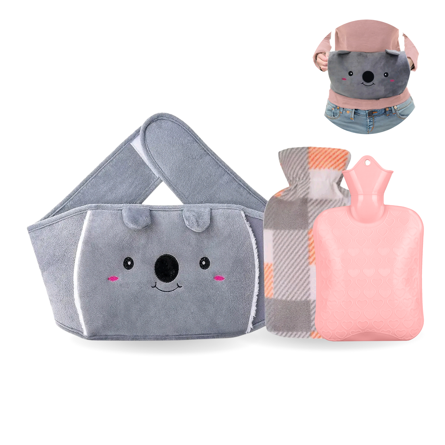 Straame Adjustable Wearable Hot Water Bottle Belt – 1L, 65 inches (165 cm) – Cozy Koala for Period Cramps, Back, Neck & More – Hands-Free Pain Relief – Included Hot Water Bottle, Belt & Cover (Pink)