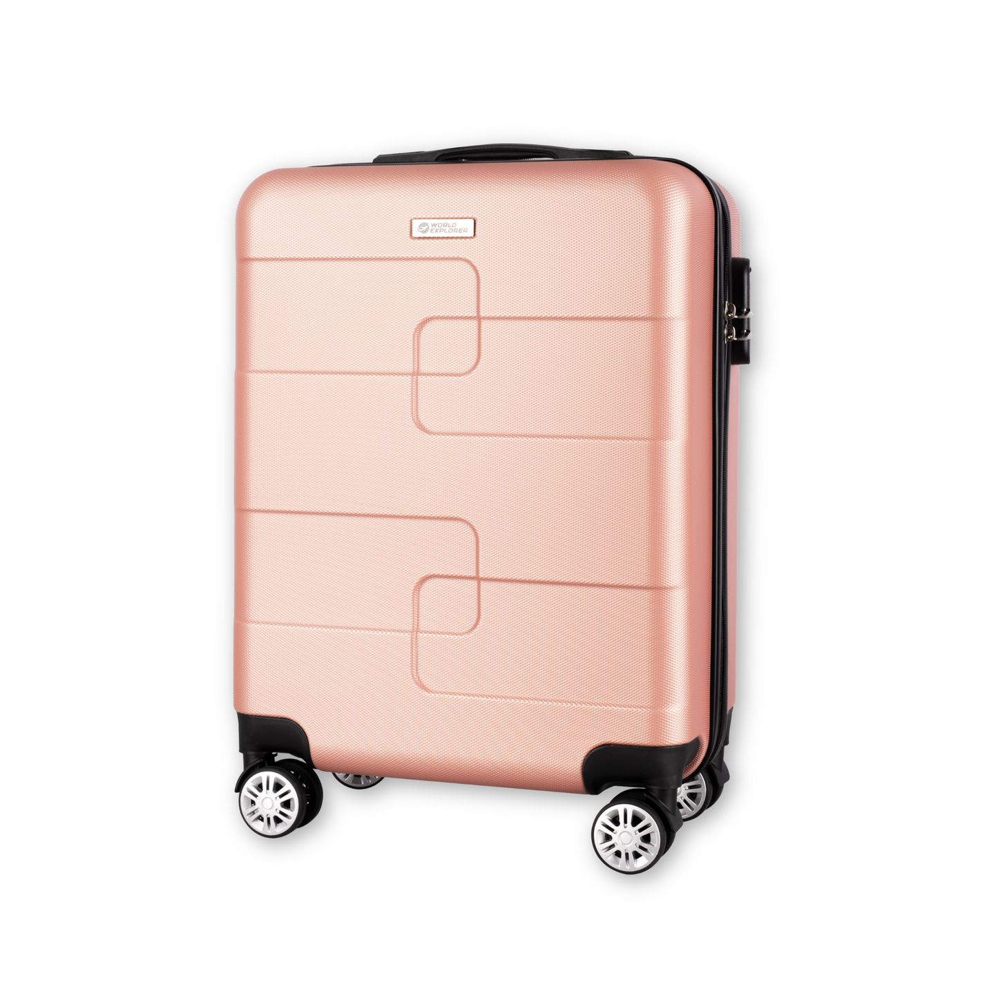 WORLD EXPLORER Cabin Suitcase | ABS Hard Shell with 360° Spinner Wheels & Com-bination Lock | Lightweight Cabin Luggage and Suitcase 34L – Ryanair Priority Size Travel Bag - Rose Gold, 55x40x20 CM