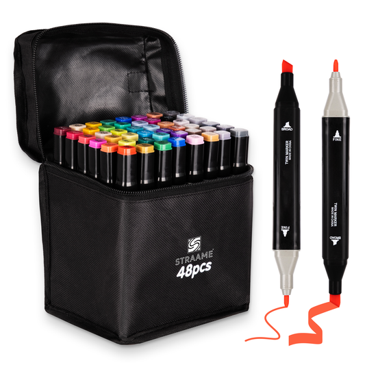 Straame Alcohol Markers – 36 Dual-Tip Pens, Fine (1mm) & Chisel (6mm) Nibs, Double-Ended Art Pens for Drawing, Sketching, Manga & Anime, With Durable Carry Case (Paint Markers - 48 pcs)