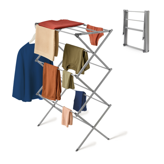 Straame 3-Tier Expandable Clothes Airer Indoor Outdoor – Slimline Drying Rack (Expanded:71×37×103 cm, Folded: 51×43×9 cm), 10 kg Capacity, Rust-Resistant, Non-Slip Feet, Heavy-Duty Design (Grey)