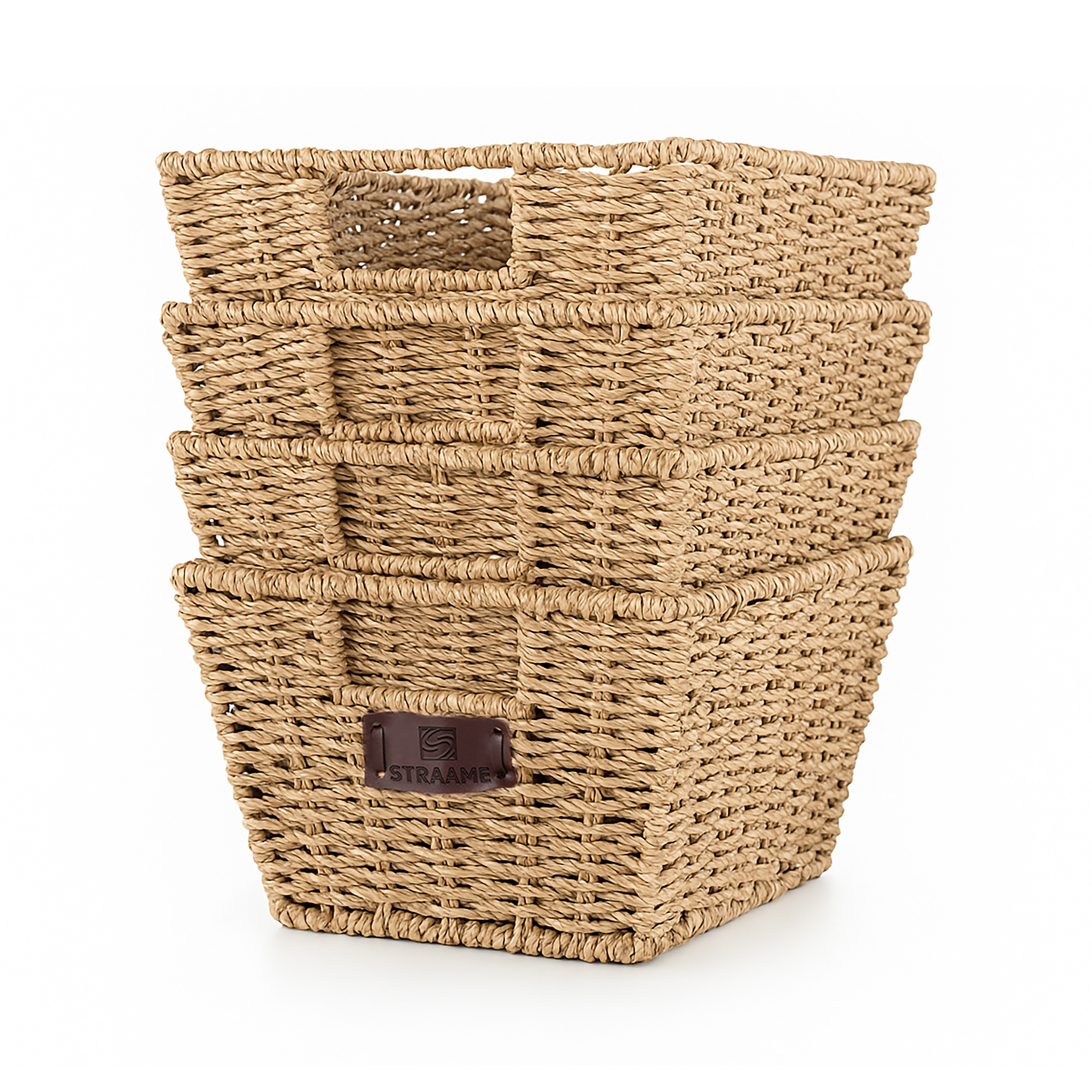 Straame Seagrass Storage Baskets Set of 4 - Handwoven Wicker Organisers with Handles, Steel-Reinforced Frame, Nesting Design - 30 x 22 x 15 cm, Natural seagrass material for Shelves, Bathroom and Home