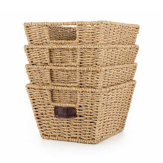 Straame Seagrass Storage Baskets Set of 4 - Handwoven Wicker Organisers with Handles, Steel-Reinforced Frame, Nesting Design - 30 x 22 x 15 cm, Natural seagrass material for Shelves, Bathroom and Home