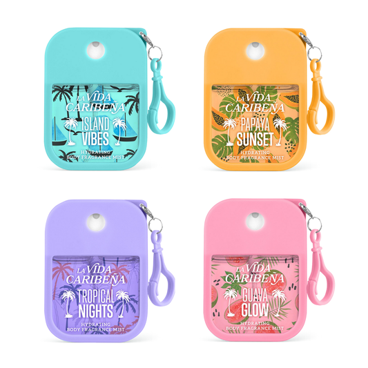 La Vida Caribeña Hydrating Body Mist 4-Pack Gift Set – Travel Size 35 ml Each – Papaya Sunset, Guava Glow, Island vibe & Tropical Nights | Fine Fragrance Mists, Light Long-Lasting Spray, Gift-Ready