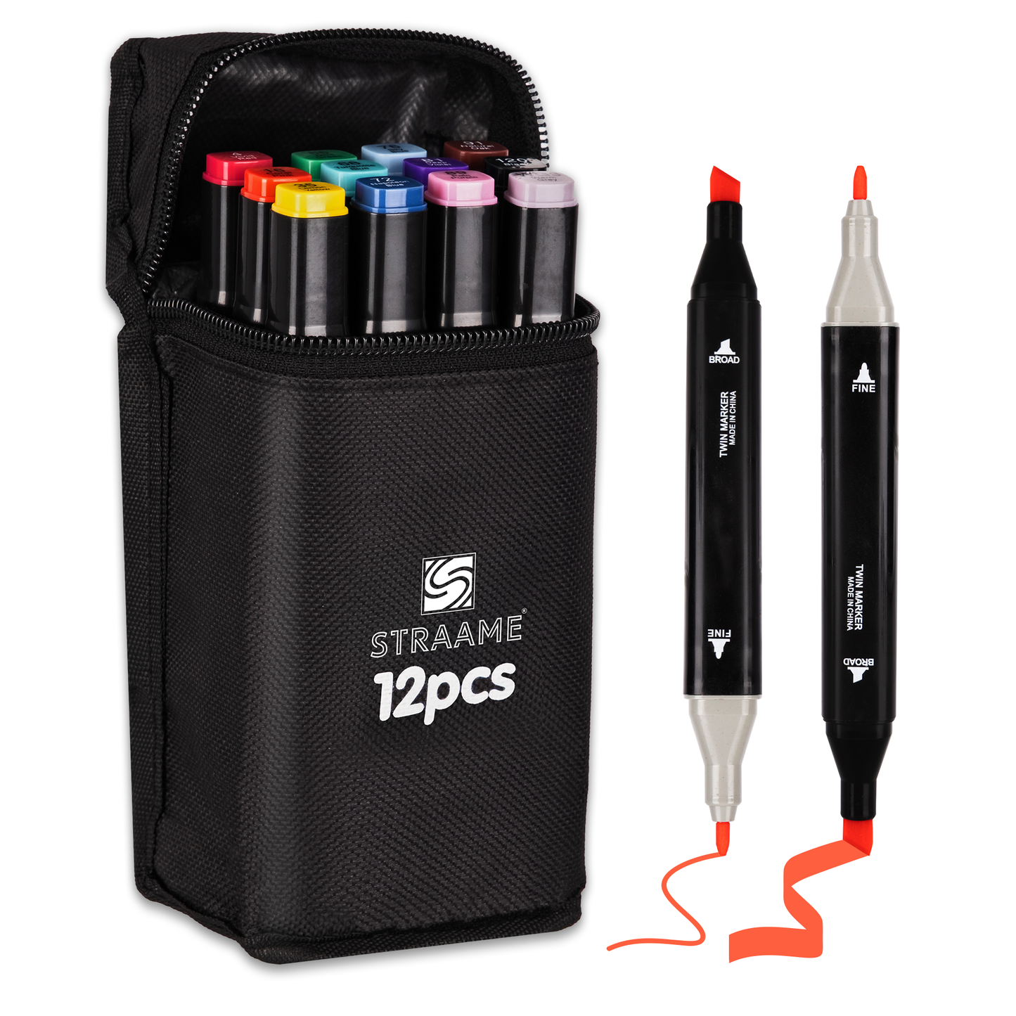 Straame Alcohol Markers – 12 Dual-Tip Pens, Fine (1mm) & Chisel (6mm) Nibs, Double-Ended Art Pens for Drawing, Sketching, Manga & Anime, With Durable Carry Case(Paint Markers - 12 pcs)