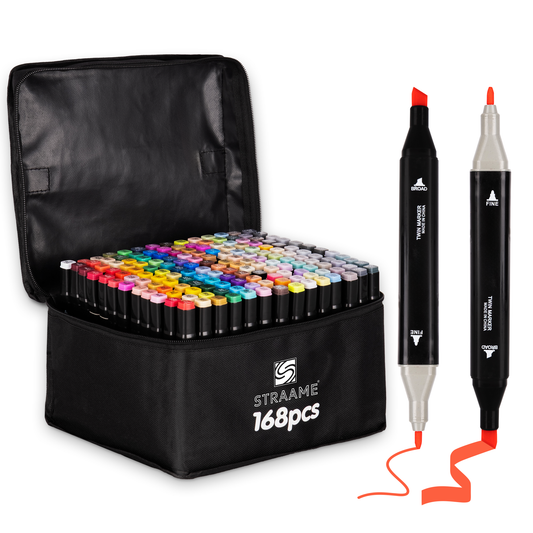 Straame Alcohol Markers – 168 Dual-Tip Pens, Fine (1mm) & Chisel (6mm) Nibs, Double-Ended Art Pens for Drawing, Sketching, Manga & Anime, With Durable Carry Case(Paint Markers - 168 pcs)