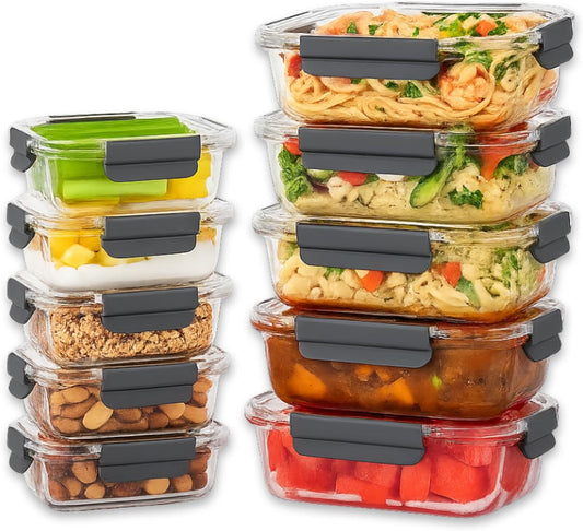 Straame Glass Meal Prep Containers with Airtight Lids – 10-Pack (5×1050ml + 5×370ml) – Reusable Glass Food Storage Containers – Leakproof, Freezer, Oven, Microwave & Dishwasher Safe (Rectangular)