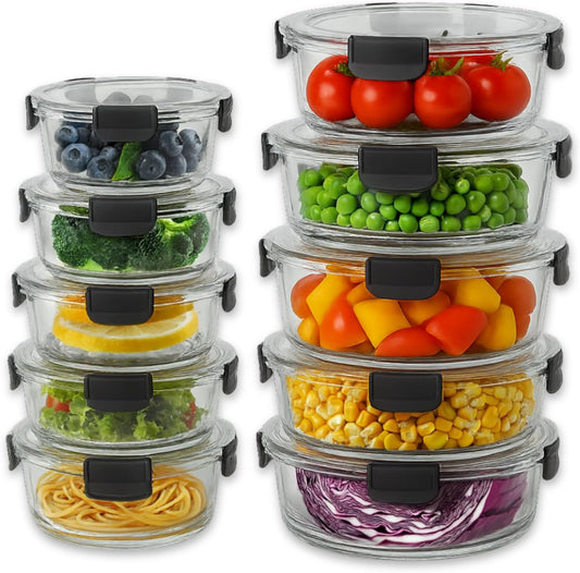 Straame Glass Meal Prep Containers with Airtight Lids – 10-Pack (5×950ml + 5×400ml) – Reusable Glass Food Storage Containers with Lids – Leakproof, Freezer, Ov-en, Microwave & Dishwasher Safe (Round)