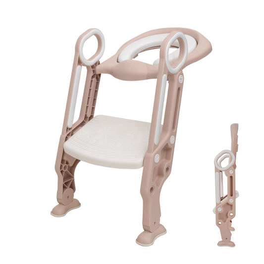 Straame Toddler Toilet Ladder Seat - Adjustable Potty-Training Seat, Soft Cushion Seat and Anti-Slip Steps Design - Easy to Install Portable Children Potty Training Chair (White-Pink)