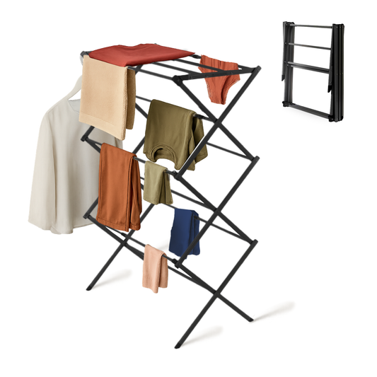 Straame 3-Tier Expandable Clothes Airer Indoor Outdoor – Slimline Drying Rack (Expanded:71×37×103 cm, Folded: 51×43×9 cm), 10 kg Capacity, Rust-Resistant, Non-Slip Feet, Heavy-Duty Design (Black)